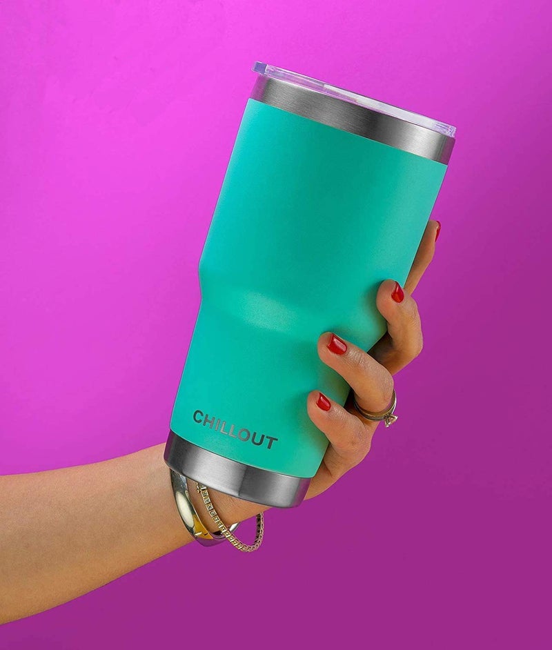 CHILLOUT LIFE Stainless Steel Travel Mug with Handle 30 oz â€“ 6 Piece Set. Tumbler with Handle, Straw, Cleaning Brush & 2 Lids. Double Wall Insulated Large Coffee Mug Bundle - Aqua Blue Powder Coated Tumbler - Image 3